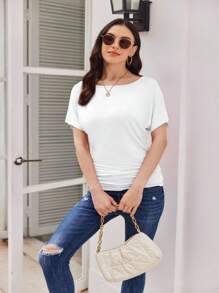 OUTBALL Women's Solid Short Sleeve Boat Neck Dolman Top With Side Shirring Casual Loose Fit T-Shirt - 白色 - 查看 5
