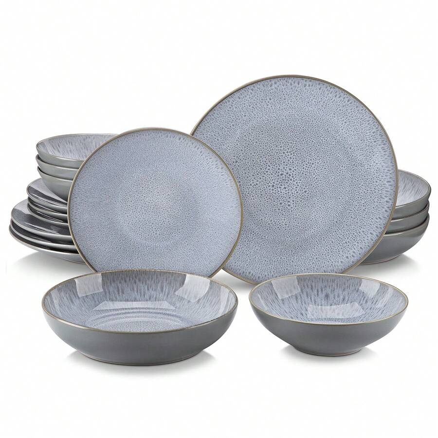 vancasso 16 Pcs Dinnerware Set, Grey Set,  Porcelain Dinnerware, Dinner Plates, Dessert Plates, Bowls And Soup Plates For 4 Person