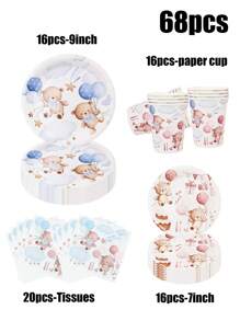 68 Piece Set,Made Of Materials, Including Disposable Paper Plates, Pink Blue Goodnight Bear Themed Paper Plates, 7-Inch Paper Plates, 9-Inch Cardboard, Disposable Party Plates, Materials, Paper Plates, Party Accessories, Party Decorations, Dessert Plates, Used For Parties, Gatherings, Barbecues, Picnics, Camping, Mother Gifts, Birthday Themed Parties And Cutlery Sets, Plates, Tissues, Paper Cups, Home Decor, Holiday Supplies, Children's Gifts, Disposable Paper Plates