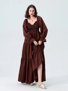 Women Long Dress Fashion Print Sweetheart Neckline Long Sleeve Dress Fashion Spring Fall Casual Dress - 棕色 - 查看 1