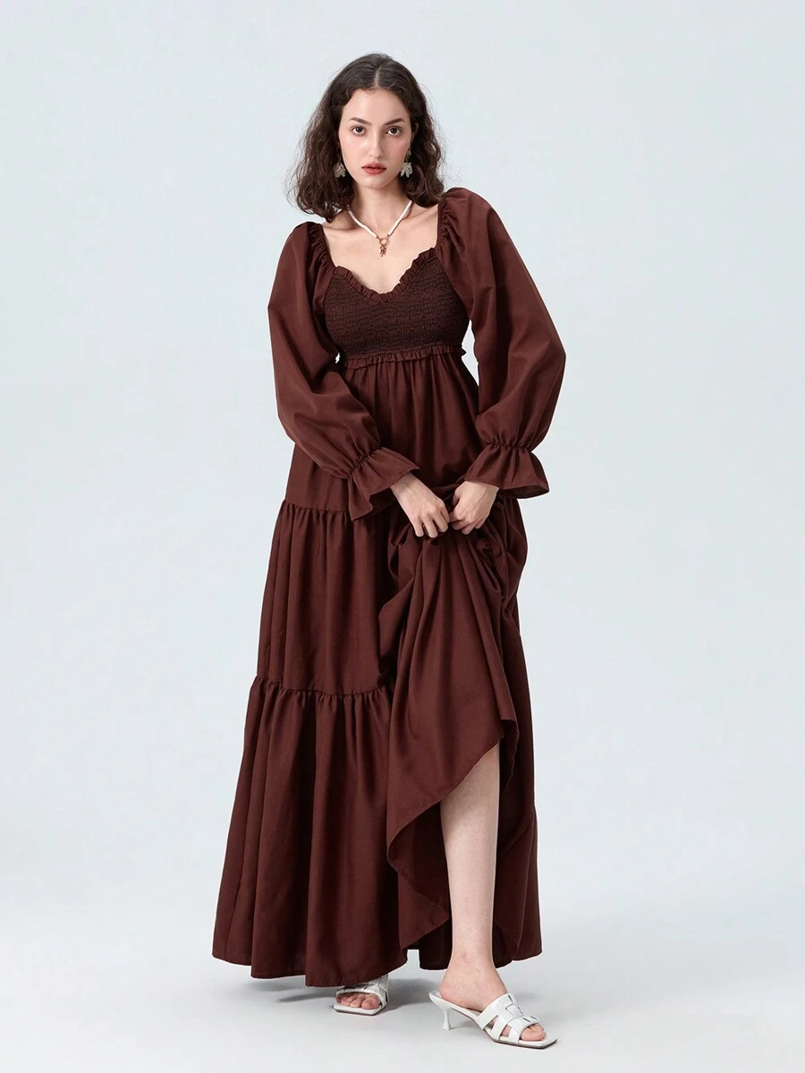 Women Long Dress Fashion Print Sweetheart Neckline Long Sleeve Dress Fashion Spring Fall Casual Dress - 棕色 - 查看 1