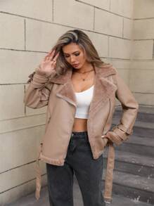 女士优雅人造毛皮短夹克，配有口袋和腰带 - 秋冬季完美之选 - 駝色 - 查看 3