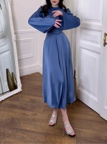 Spring New Style Slim Waist, Solid Color, Long-Sleeved Dress With Belt, Elegant Dress For Women‌,Elegant Satin Vintage Dress‌‌, Modest