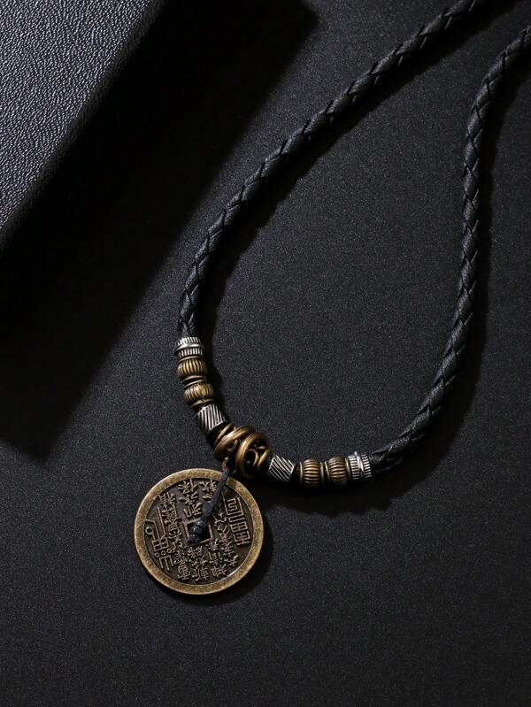 1pc Men Woven PU Leather Copper Coin Pendant Adjustable Necklace