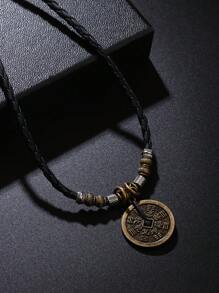 1 件男士编织 PU 皮革铜币吊坠可调节项链 - 黑色 - 查看 2