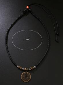 1 件男士编织 PU 皮革铜币吊坠可调节项链 - 黑色 - 查看 3