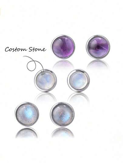 ITSMOS S925 Silverörhängen Enkel rund anpassad sten Naturliga ädelstenar Nibbar Birthstone, perfekt smyckepresent till mor/mormor/familj