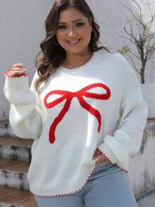 Suéter de punto con lazo para mujer de talla grande - Blanco - Ver 5