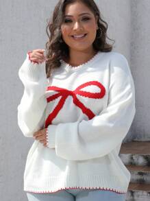 Suéter de punto con lazo para mujer de talla grande - Blanco - Ver 2