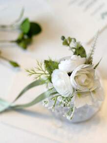 4Pcs Artificial Flower Wrist Corsage Flowers Or Boutonniere Handmade Bride Hand Flower Men Boutonniere For Wedding Party Prom Decorations - 白色1 - 查看 3