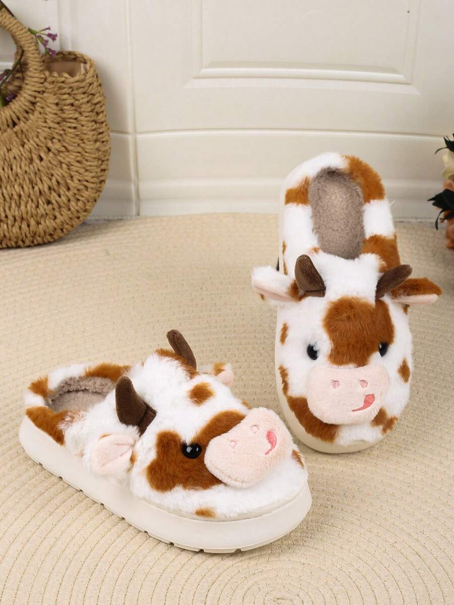 Dép lông mềm mại đế dày chống trượt đàn hồi cao hình con bò nhỏ dễ thương cho gia đình và ngoài trời - Rỉ Nâu - Xem 1