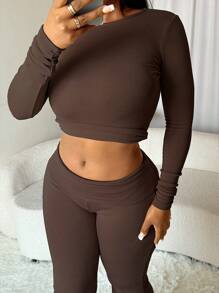 Solid Color Round Neck Long Sleeve Minimalist Top And Pants Thin Fleece Casual Suit, Autumn/Winter - Coffee Brown - View 4