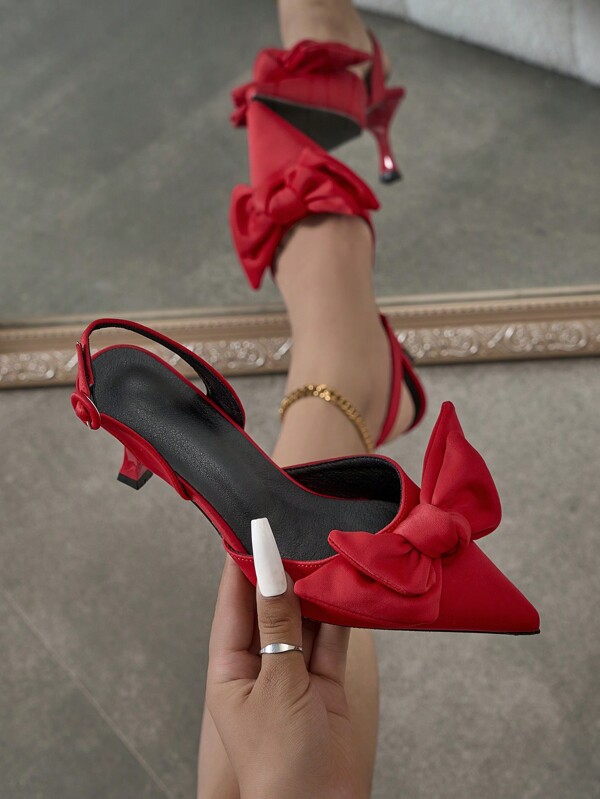 Women's Bow Decor Pointed Toe Stiletto Mule Sandals, Satin High Heels For Party, Red, Summer/Autumn