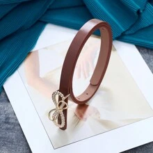 Thắt lưng da PU thời trang cao cấp đa năng đính đá Rhinestone Nơ thanh lịch giản dị cho mùa thu/đông - màu nâu - Xem 3