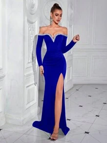 ADYCE Elegant One Shoulder V-Neck Nail Bead Long Sleeved Front Slit Backless Floor Length Party Dress For Prom Birthday Party Evening Date Homecoming Party Wedding Guest Formal Dinner Family Festival - Royal Blue - View 7