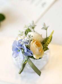 4Pcs Artificial Flower Wrist Corsage Flowers Or Boutonniere Handmade Bride Hand Flower Men Boutonniere For Wedding Party Prom Decorations - 藍色 - 查看 3