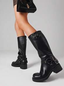 Fashion Sexy Women's Knee High Boots Slip On Square Toe Chunky Heel Classic Vintage Metallic Buckles Motorcycle Riding Boots - 黑色 - 查看 1