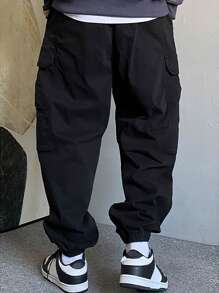 Men's Casual Drawstring Cargo Pants With Blue Ribbon Trim, Fall - Black - View 3