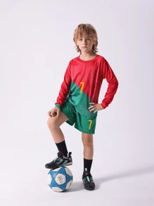 Kids & Teens' New Casual Sports Training Quick-Dry Long Sleeve Sportswear Set, Suitable For Leisure, Sports, Football, Group Activities, Number 7