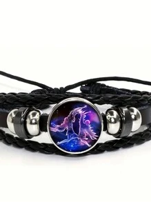 suteyi 1 chiếc vòng tay bện bằng da PU cổ điển đính đá quý, vòng tay thủ công tượng trưng cho 12 cung hoàng đạo. - màu đen - Xem 17