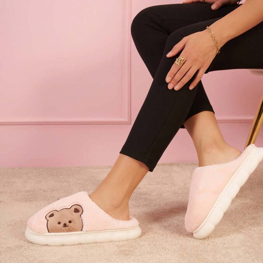 Cute Embroidered Plush House Slippers, Winter - Pink - View 1