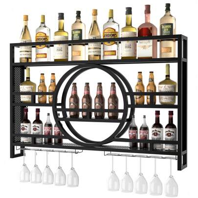 Fully Assembled Wall-Mounted Wine Rack 35lbs Heavy-Duty Construction, Upright Wine Storage For Cork Care, 3-Tier Bar Liquor Shelf With Wine Glass Holder, Effortless Installation,Large Capacity Liquor Bottle Display Shelf For Home Bar, Dining Room