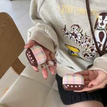 2pcs/Set Heart Pattern Contrast Color Checkered Earphone Case + Pink Holder Compatible With Apple AirPods Pro 2/AirPods Pro/AirPods 4/AirPods 3/AirPods 2 - Multicolor - View 7