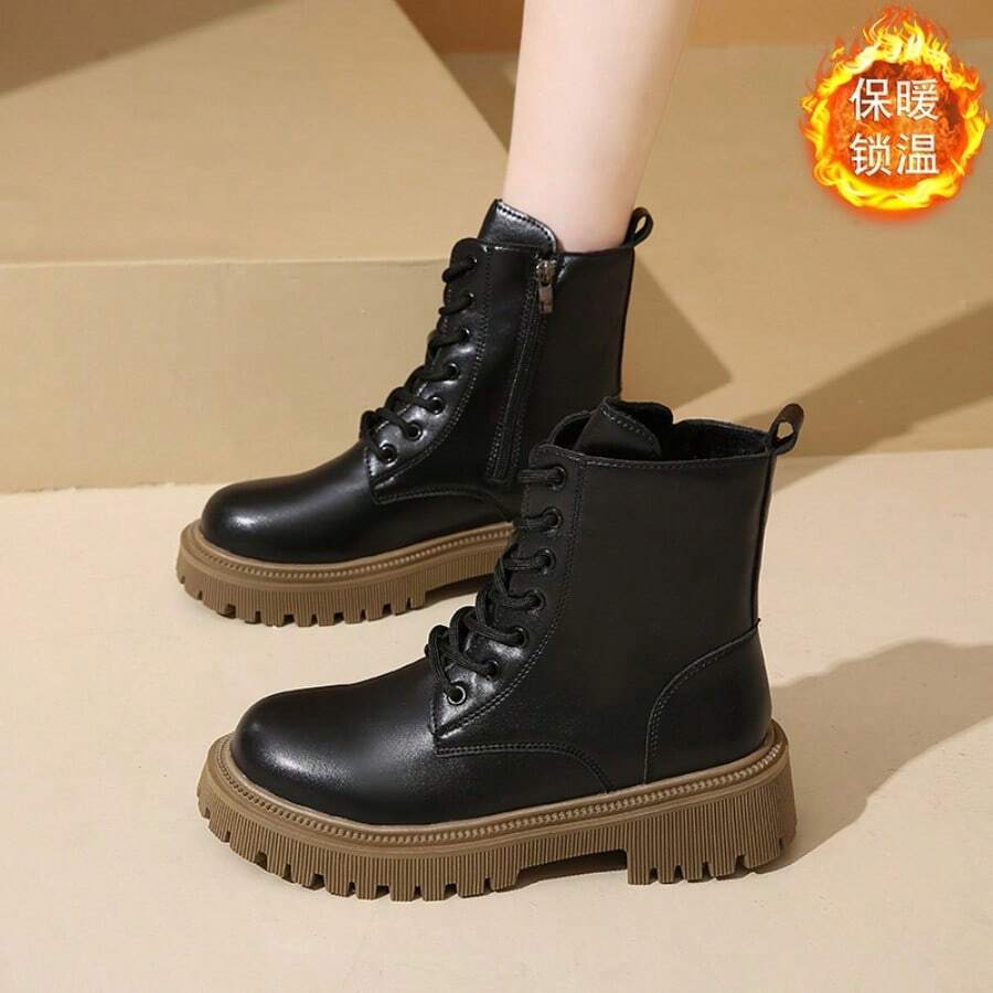 Giày bốt nữ lót giữ nhiệt mới, giày bốt thời trang thu đông ấm áp chống trượt thanh lịch, giày bốt cổ thấp ngoài trời. - màu đen - Xem 1