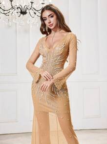 NIKBK 秋季服装加大码或女装秋季华丽深 V 领春夏优雅钻石和串珠婚礼宾客舞会音乐会派对晚会 - 杏色 - 查看 4