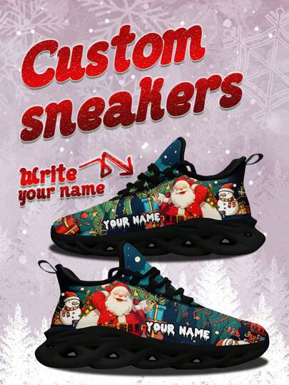 Men's Christmas Custom Name Sneakers, Christmas Gift Designed Name Customization Lightweight Comfortable Soft Bottom Sneakers For Men, Gym Training Breathable Tennis Shoes Christmas Gift For Mom/Dad/Her/Him/Girlfriend/Boyfriend/Wife/Husband/Friend