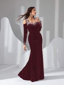 Women's Elegant Velvet Dress With Bubble Beads And Rhinestone Decor, Back Tie Design - Red - View 4
