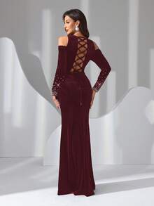 Women's Elegant Velvet Dress With Bubble Beads And Rhinestone Decor, Back Tie Design - Red - View 3