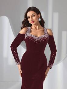Women's Elegant Velvet Dress With Bubble Beads And Rhinestone Decor, Back Tie Design - Red - View 8