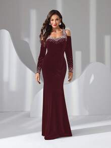 Women's Elegant Velvet Dress With Bubble Beads And Rhinestone Decor, Back Tie Design - Red - View 7