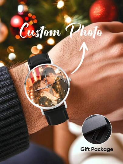 1 pieza Reloj de foto de Navidad personalizado, reloj grabado personalizado, correa de cuero negro - Esfera de 40 mm, grosor de 8.0 mm, ancho de correa de 20 mm, movimiento japonés - Longitud ajustable 15.5+5 cm - Regalo de foto de Navidad personalizado, adecuado para hombres, mujeres, parejas - Regalo ideal para el Día de San Valentín, Navidad, Día de la Familia, Día de la Madre, Cumpleaños - Regalo para novia, mamá, amigo - Navidad, aniversario, graduación, boda