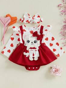 Conjunto de Roupas de Dia dos Namorados para Bebê Recém-Nascido Menina, Bodysuit com Babado de Manga Longa e Vestido, Roupa de Primavera para Bebê Menina - Vermelho - Visão 1