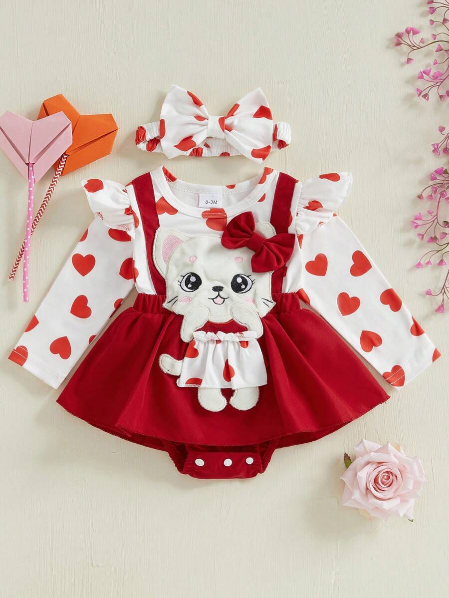 Conjunto de Roupas de Dia dos Namorados para Bebê Recém-Nascido Menina, Bodysuit com Babado de Manga Longa e Vestido, Roupa de Primavera para Bebê Menina - Vermelho - Visão 1