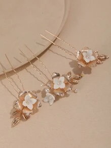 3 件装陶瓷花金属花架叶子珍珠装饰简约发夹，适合婚礼、拍照、生日 - 金色 - 查看 3