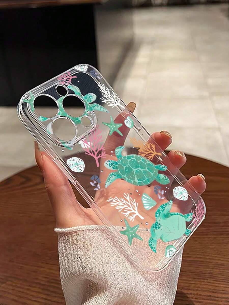 Ốp lưng điện thoại trong suốt họa tiết rùa, sao biển, san hô, vỏ sò và các yếu tố biển có bảo vệ ống kính, tương thích với iPhone - Nhiều màu - Xem 1