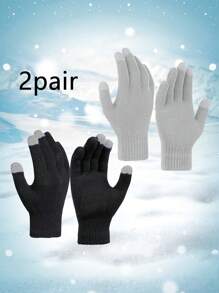 2 双冬季儿童保暖手套针织手套冬季手套黑灰色全指手套男女童 - 彩色 - 查看 2