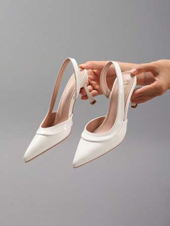 2025秋冬女装拼接高跟鞋，亮面皮革尖头后系带猫跟白色高跟凉鞋，优雅女士高跟鞋，优雅