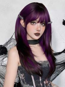 AKAKO Farbverlauf Schwarz Lila Perücke mit Pony für Frauen, lange gerade geschichtete Perücke, modische Haare, natürlich aussynthethische Faser Perücke für Party Cosplay Verwendung, 24 Zoll