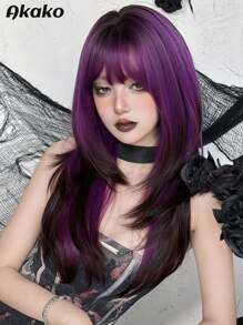 AKAKO Farbverlauf Schwarz Lila Perücke mit Pony für Frauen, lange gerade geschichtete Perücke, modische Haare, natürlich aussynthethische Faser Perücke für Party Cosplay Verwendung, 24 Zoll
