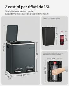 SONGMICS Cestino da Cucina, Doppio Secchio 2 x 15L per Raccolta Differenziata, Pattumiera a Pedale, Coperchi a Chiusura Morbida per Piccole Famiglie, Acciaio, Argento e Nero/Grigio Verdastro/Nero/Bianco/Beige Sabbia e Nero Inchiostro - verde grigio - Visualizzare 5