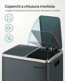SONGMICS Cestino da Cucina, Doppio Secchio 2 x 15L per Raccolta Differenziata, Pattumiera a Pedale, Coperchi a Chiusura Morbida per Piccole Famiglie, Acciaio, Argento e Nero/Grigio Verdastro/Nero/Bianco/Beige Sabbia e Nero Inchiostro - verde grigio - Visualizzare 4