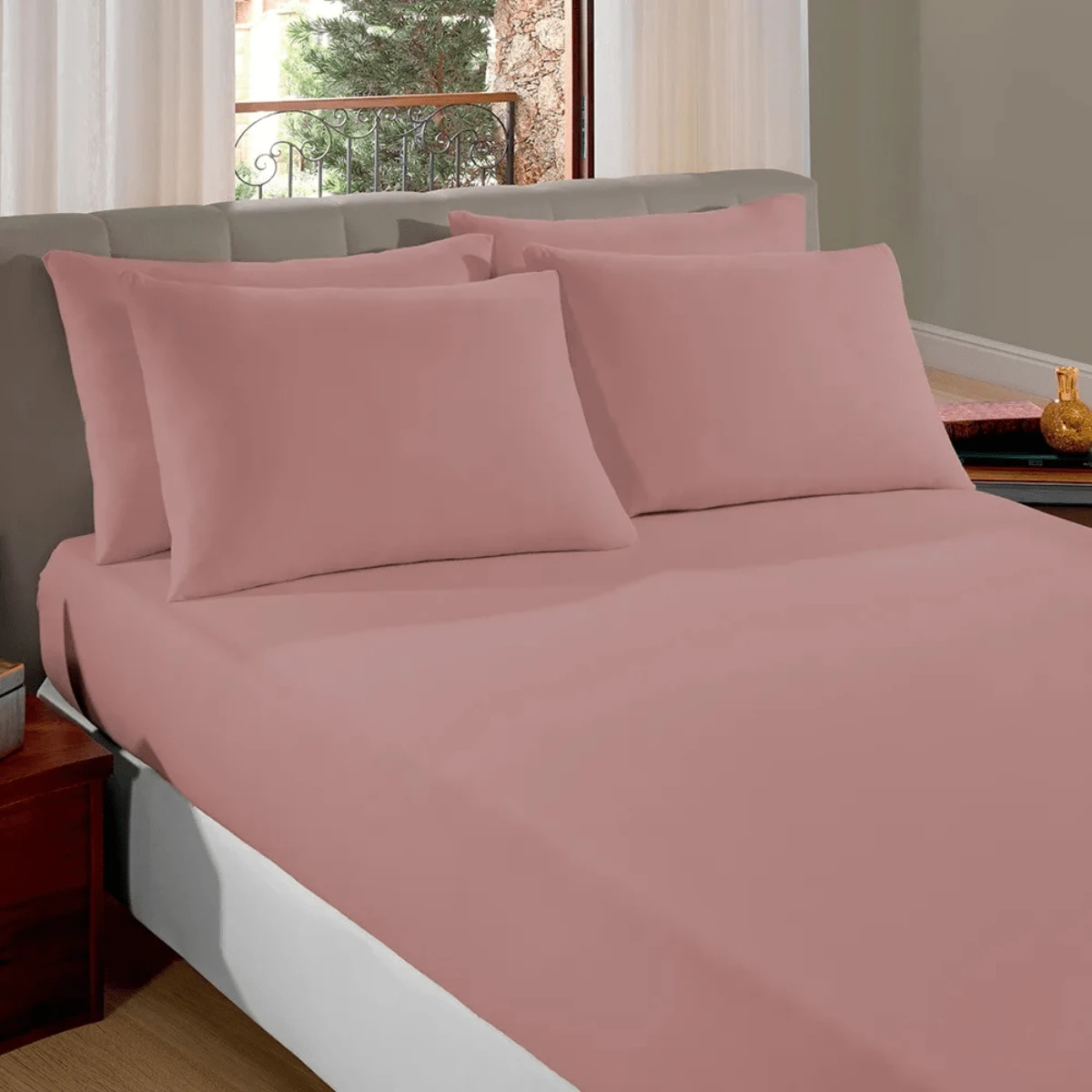 Plain 100% Cotton Double Fitted Sheet With Elastic - 粉紅色浮雕 - 查看 1