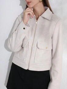 复古办公室女士波尔多红色柔软飞行员夹克女式长袖口袋拉链外套时尚2025秋冬圣诞装 - 米色 - 查看 9