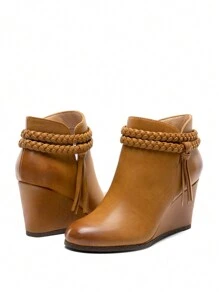Women's High Wedge Ankle Boots Fashion Bootie With Braided Straps Tassels Warmth And Comfort Short Booties Great For Commuting, Dates, Holidays, And Everyday Wear - 棕色PU - 查看 6
