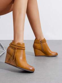 Women's High Wedge Ankle Boots Fashion Bootie With Braided Straps Tassels Warmth And Comfort Short Booties Great For Commuting, Dates, Holidays, And Everyday Wear - 棕色PU - 查看 3