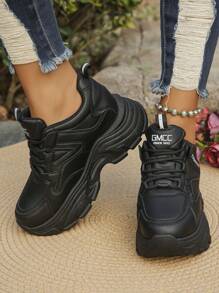 1 Pair Women Thick Sole Platform Sneakers, Simple Lace Up Style, Casual Shoes For Women - Black - View 4